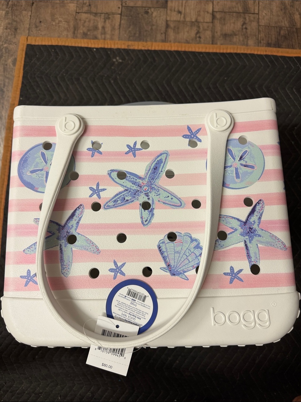 BOGG BAG Pink and White Stripe Tote with Blue Starfish Print